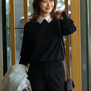 Karl Lagerfeld Black Crewneck Sweater with White Embellished Collar